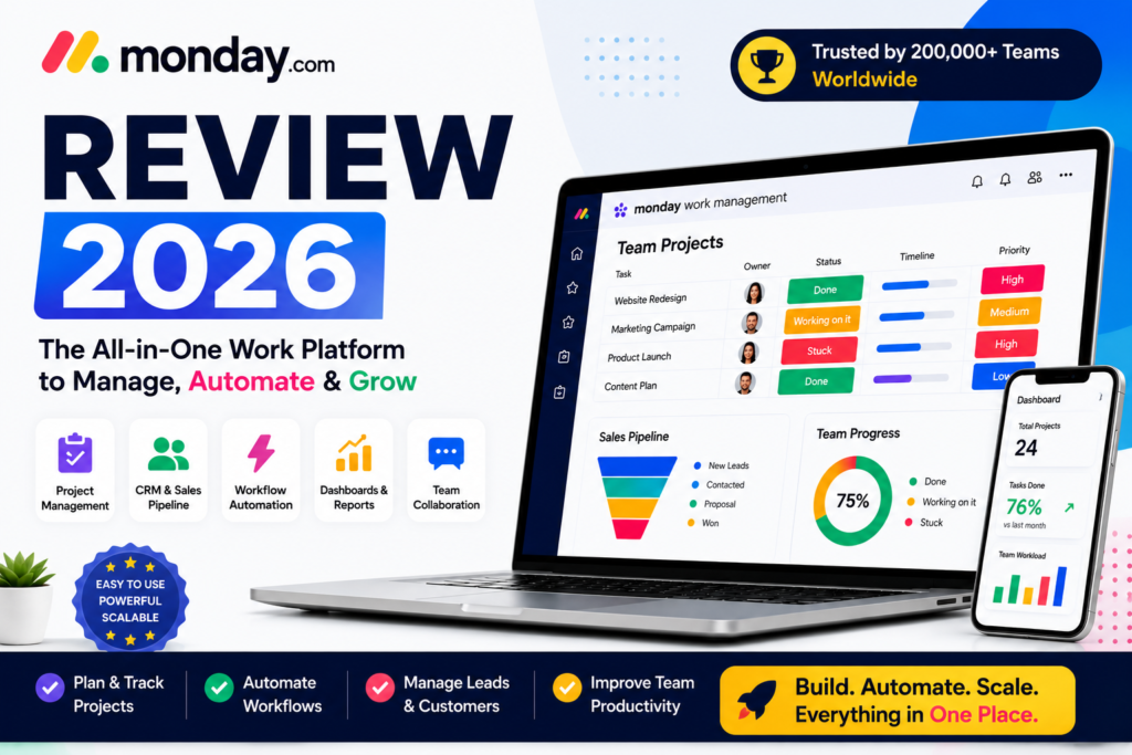 monday.com review 2026 showing project management dashboard CRM automation and team collaboration tools