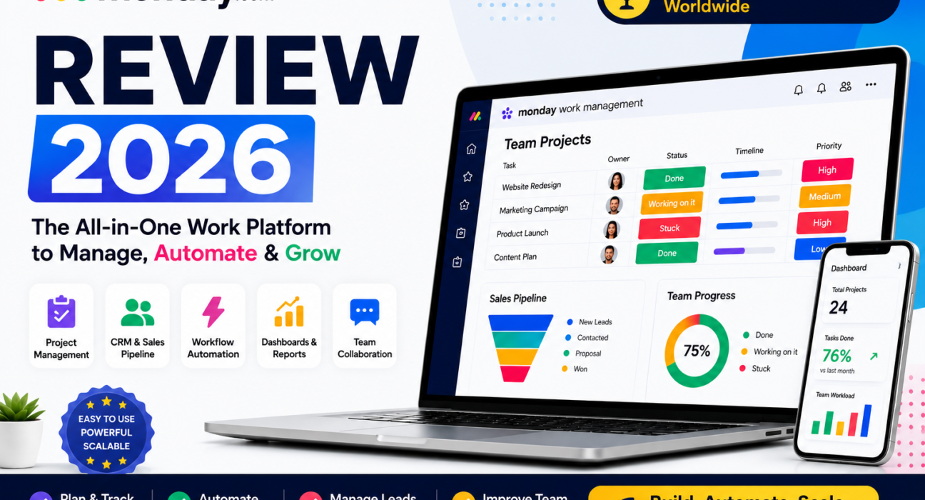 monday.com review 2026 showing project management dashboard CRM automation and team collaboration tools
